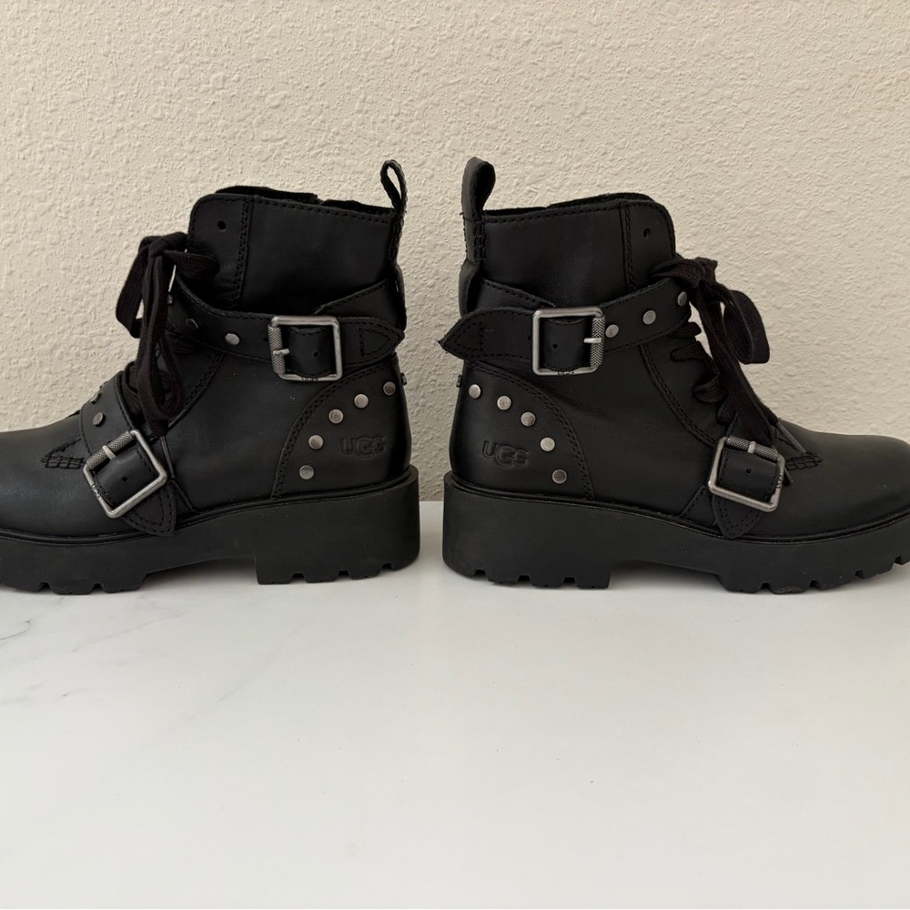 UGG Zorrah Black Leather Lug Sole Combat Boots with Buckle and Studs - Picture 3 of 7